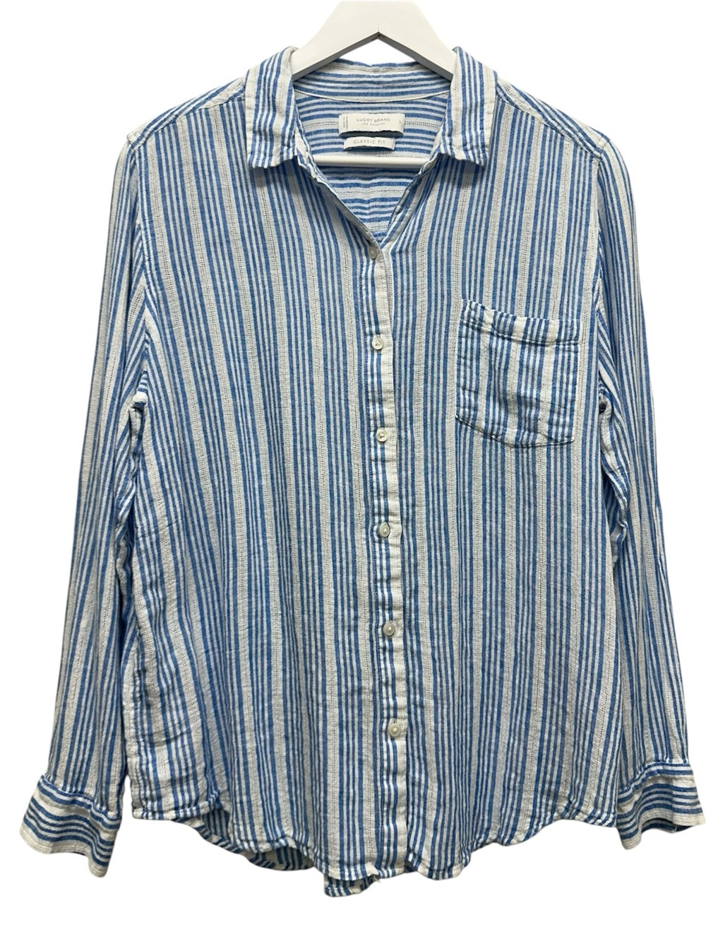 Lucky Brand Button Up Shirt Top Womens L Striped Lagenlook Coastal Boho Beach